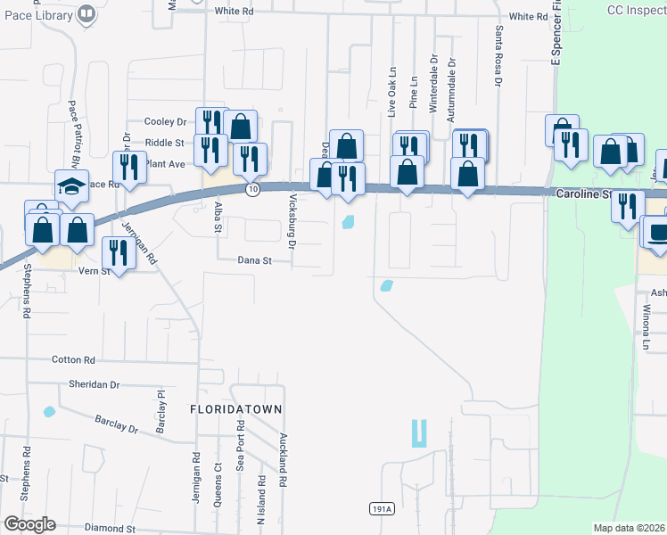 map of restaurants, bars, coffee shops, grocery stores, and more near 4227 Sanford Street in Pace