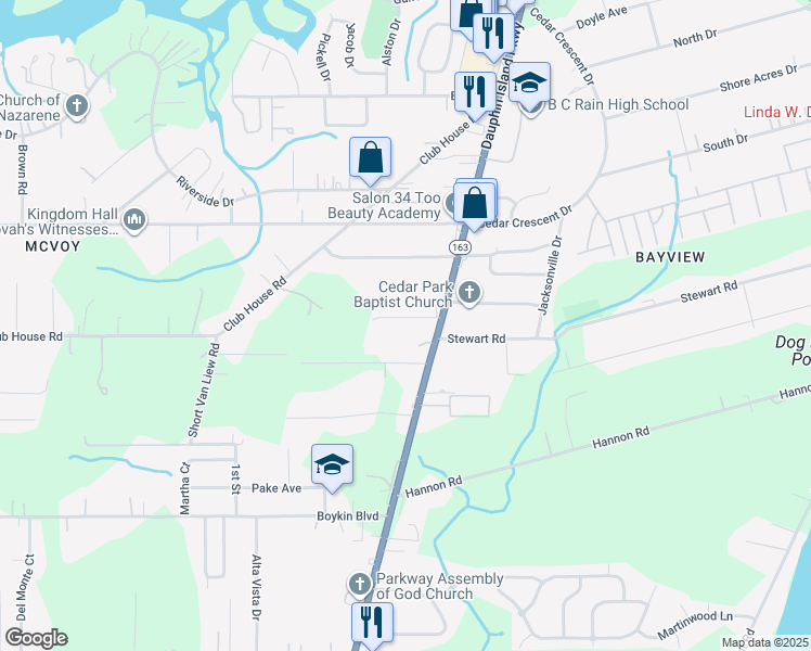 map of restaurants, bars, coffee shops, grocery stores, and more near 1609 Cedar Downs Drive in Mobile
