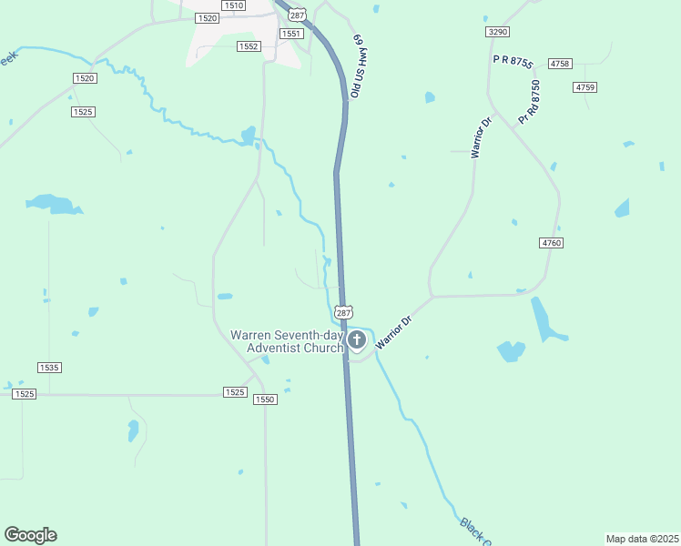 map of restaurants, bars, coffee shops, grocery stores, and more near County Road 1555 in Warren