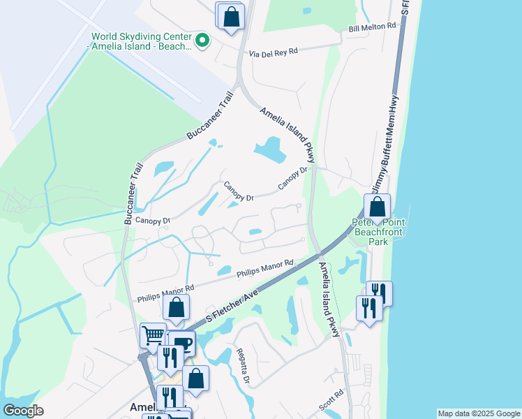 map of restaurants, bars, coffee shops, grocery stores, and more near 95133 Elderberry Lane in Fernandina Beach