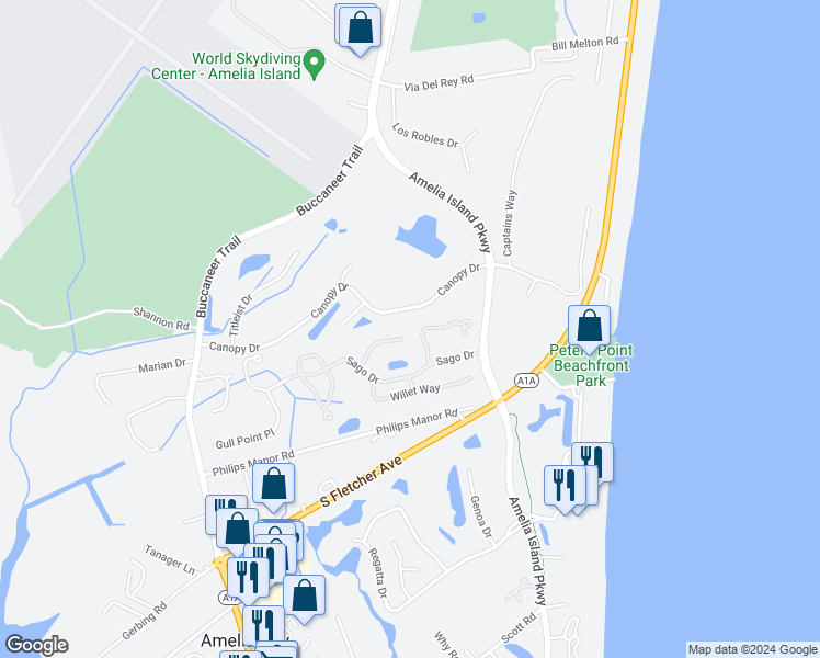 map of restaurants, bars, coffee shops, grocery stores, and more near 95152 Elderberry Lane in Fernandina Beach