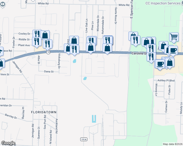 map of restaurants, bars, coffee shops, grocery stores, and more near 100 Pine Villa Circle in Pace