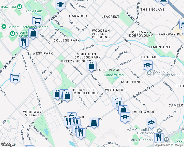 map of restaurants, bars, coffee shops, grocery stores, and more near 1115 Welsh Avenue in College Station