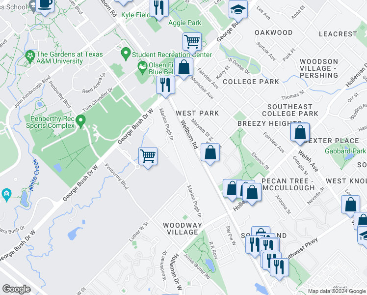 map of restaurants, bars, coffee shops, grocery stores, and more near 305 Marion Pugh Drive in College Station