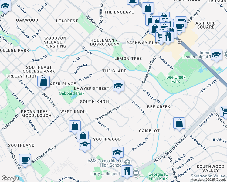 map of restaurants, bars, coffee shops, grocery stores, and more near 1220 Boswell Street in College Station