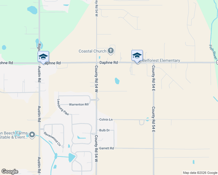 map of restaurants, bars, coffee shops, grocery stores, and more near 25690 County Road 54 West in Daphne