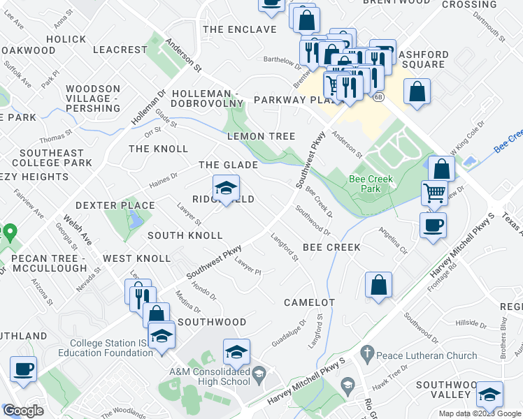 map of restaurants, bars, coffee shops, grocery stores, and more near 1714 Laura Lane in College Station