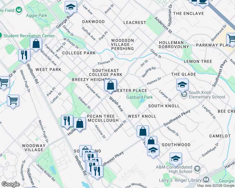 map of restaurants, bars, coffee shops, grocery stores, and more near 1115 Welsh Avenue in College Station