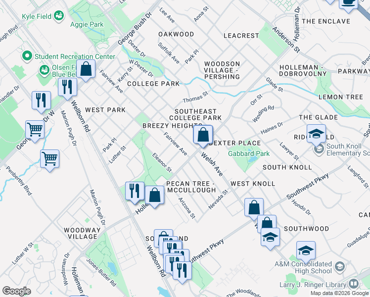 map of restaurants, bars, coffee shops, grocery stores, and more near 1100 Georgia Street in College Station