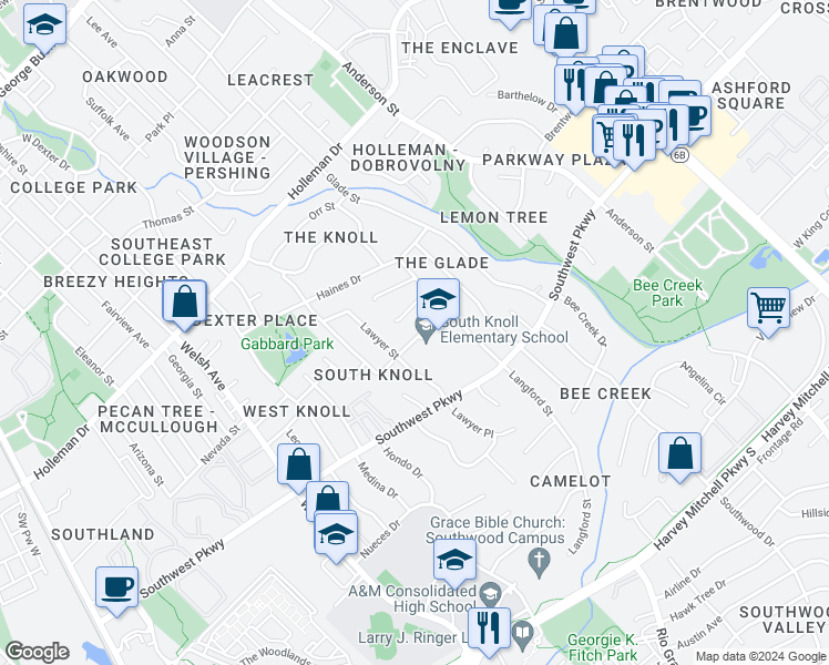 map of restaurants, bars, coffee shops, grocery stores, and more near 1213 Boswell Street in College Station