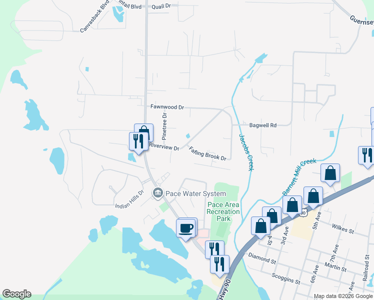 map of restaurants, bars, coffee shops, grocery stores, and more near 3471 Riverview Drive in Pace