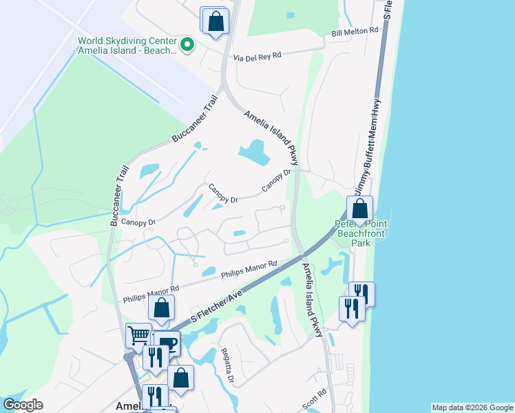 map of restaurants, bars, coffee shops, grocery stores, and more near 95090 Woodberry Lane in Fernandina Beach