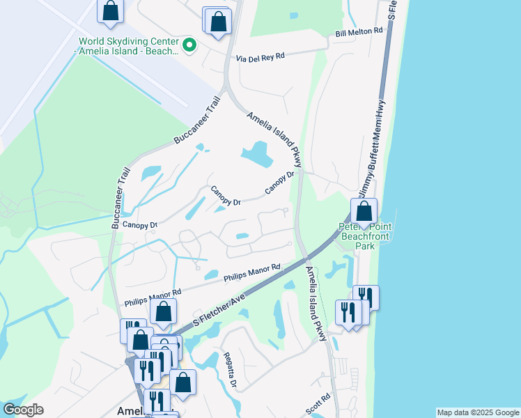 map of restaurants, bars, coffee shops, grocery stores, and more near 95090 Woodberry Lane in Fernandina Beach