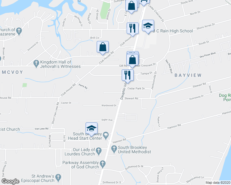 map of restaurants, bars, coffee shops, grocery stores, and more near 1606 Cedar Downs Drive in Mobile