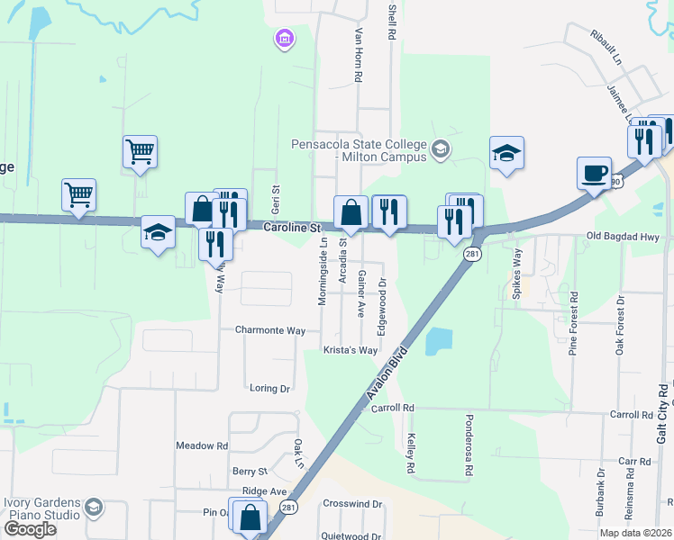 map of restaurants, bars, coffee shops, grocery stores, and more near 4548 Morningside Lane in Milton