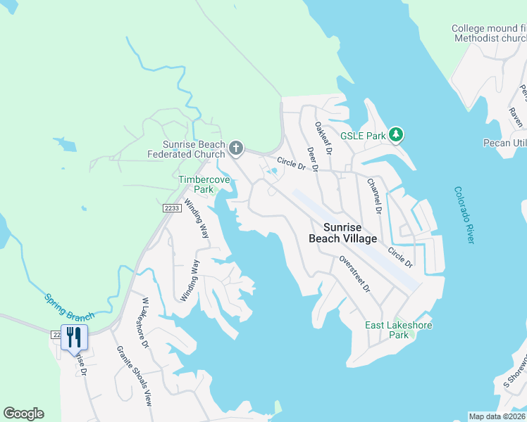 map of restaurants, bars, coffee shops, grocery stores, and more near 223 East Lakeshore Drive in Sunrise Beach Village