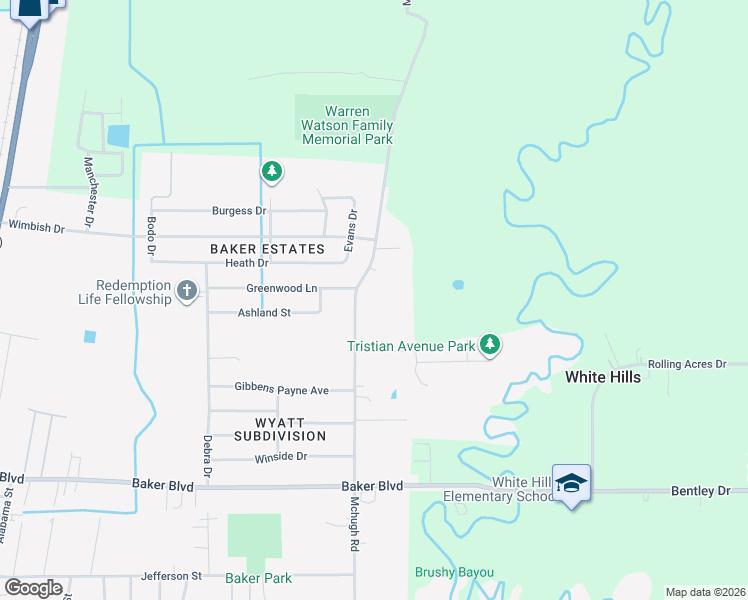 map of restaurants, bars, coffee shops, grocery stores, and more near 2506 Mchugh Road in Baker