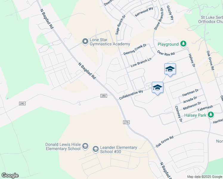 map of restaurants, bars, coffee shops, grocery stores, and more near 2231 Calvert Drive in Leander