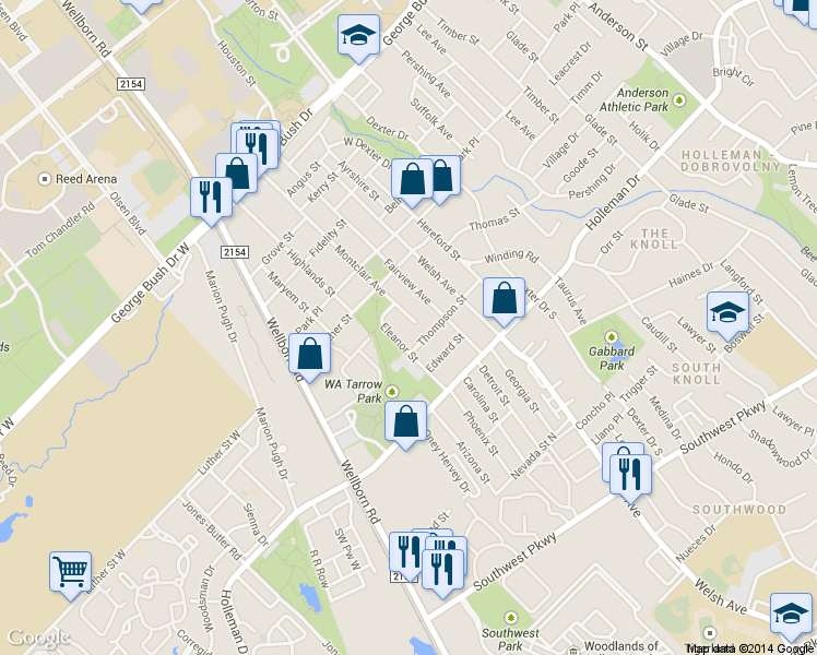 map of restaurants, bars, coffee shops, grocery stores, and more near 905 Montclair Avenue in College Station