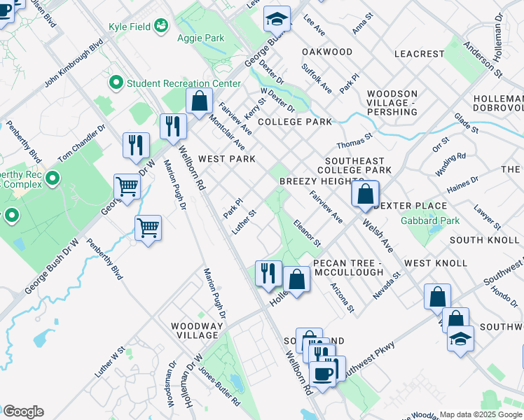map of restaurants, bars, coffee shops, grocery stores, and more near 700 Highlands Street in College Station
