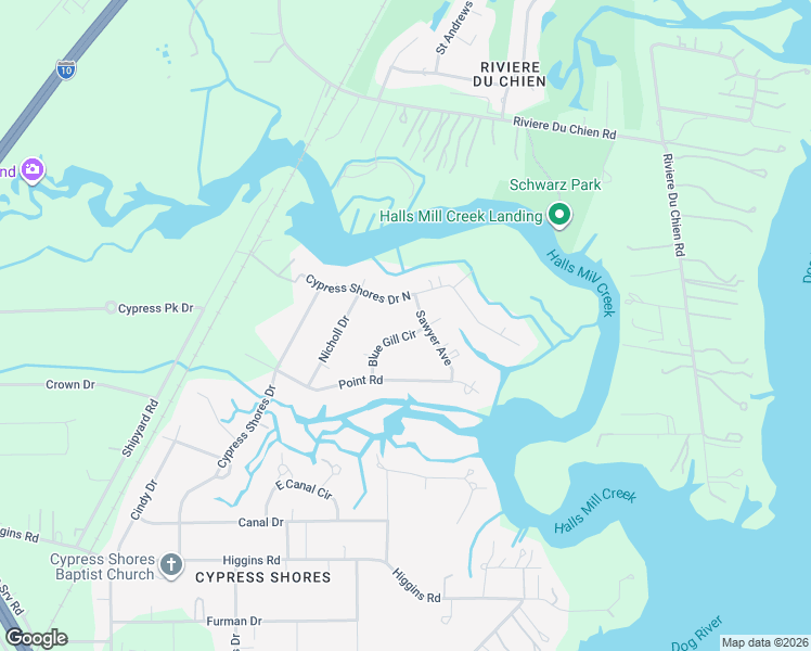 map of restaurants, bars, coffee shops, grocery stores, and more near 3923 Cypress Shores Drive in Mobile