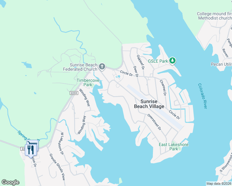 map of restaurants, bars, coffee shops, grocery stores, and more near 223 East Lakeshore Drive in Sunrise Beach Village