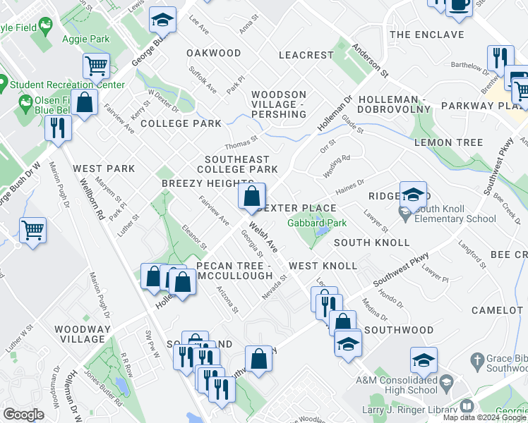 map of restaurants, bars, coffee shops, grocery stores, and more near 624 Holleman Drive in College Station