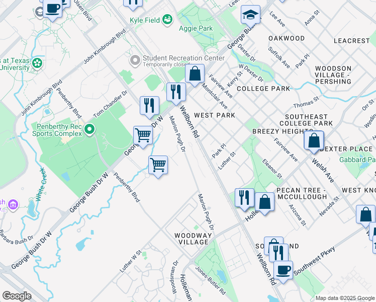 map of restaurants, bars, coffee shops, grocery stores, and more near 305 Marion Pugh Drive in College Station