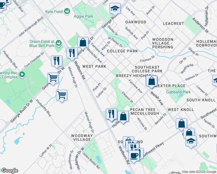 map of restaurants, bars, coffee shops, grocery stores, and more near 700 Highlands Street in College Station