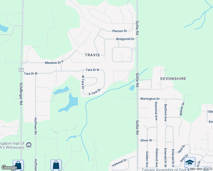 map of restaurants, bars, coffee shops, grocery stores, and more near 4321 East Tara Drive in Mobile
