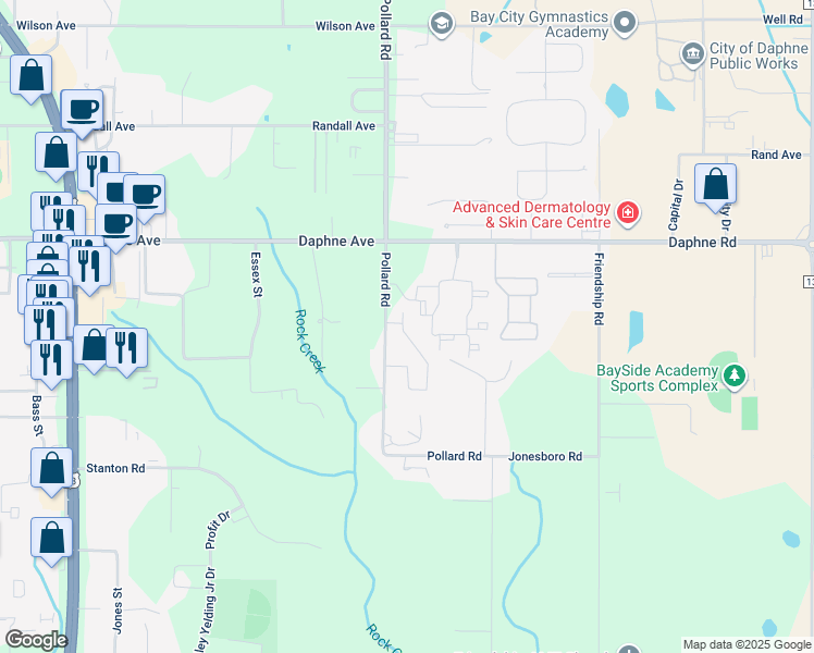 map of restaurants, bars, coffee shops, grocery stores, and more near 25808 Pollard Road in Daphne