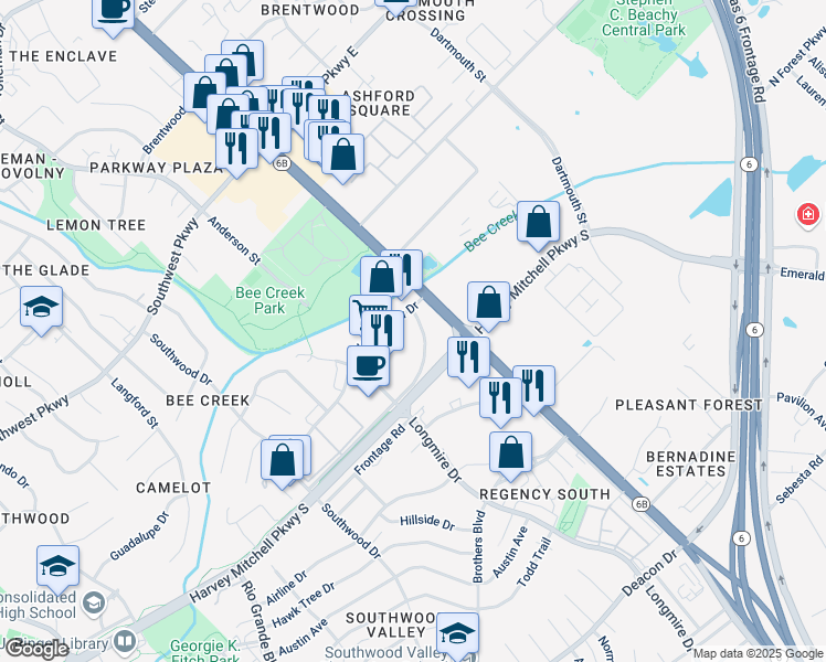 map of restaurants, bars, coffee shops, grocery stores, and more near 2702 Texas Avenue South in College Station