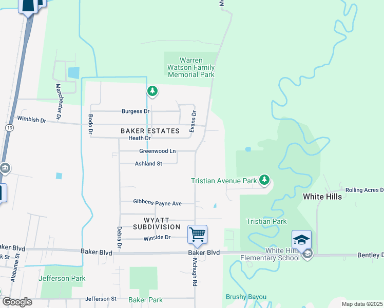 map of restaurants, bars, coffee shops, grocery stores, and more near 4607 Greenwood Lane in Baker