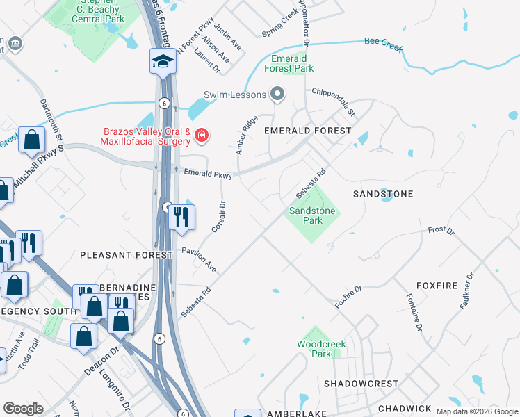 map of restaurants, bars, coffee shops, grocery stores, and more near 8802 Driftwood Drive in College Station