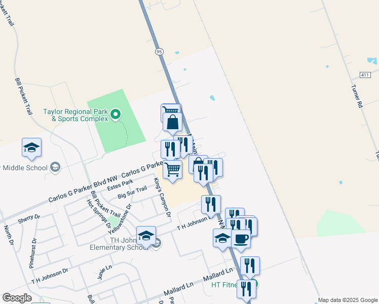 map of restaurants, bars, coffee shops, grocery stores, and more near 100 Carlos G Parker Boulevard Northwest in Taylor