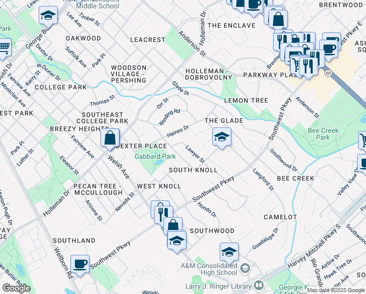 map of restaurants, bars, coffee shops, grocery stores, and more near 1402 Lawyer Street in College Station