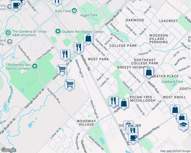 map of restaurants, bars, coffee shops, grocery stores, and more near 606 Maryem Street in College Station