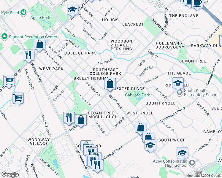 map of restaurants, bars, coffee shops, grocery stores, and more near 614 Holleman Drive in College Station