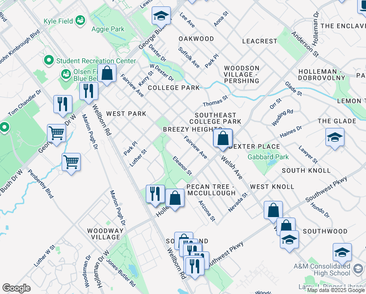 map of restaurants, bars, coffee shops, grocery stores, and more near 905 Montclair Avenue in College Station