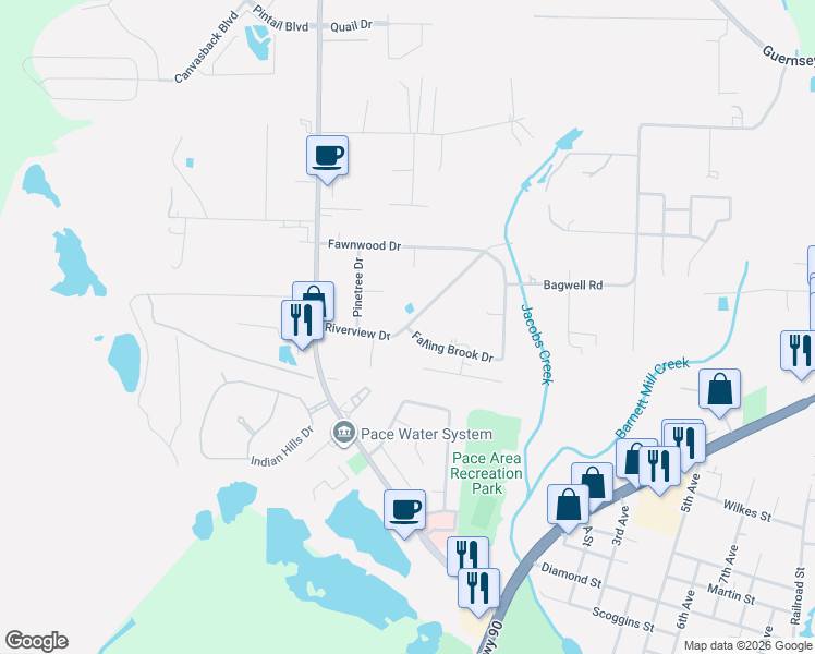 map of restaurants, bars, coffee shops, grocery stores, and more near 3474 Riverview Drive in Pace