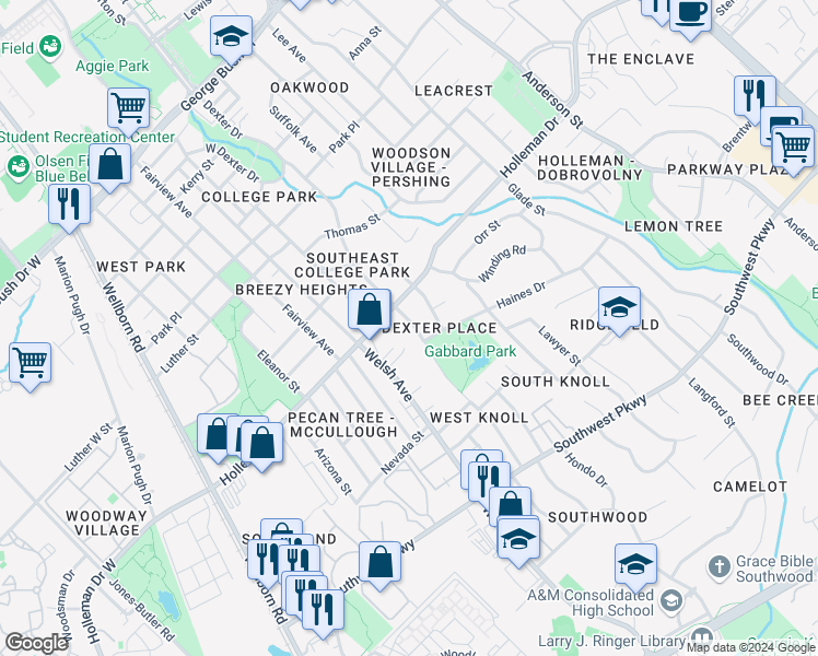 map of restaurants, bars, coffee shops, grocery stores, and more near 1108 Dexter Drive South in College Station
