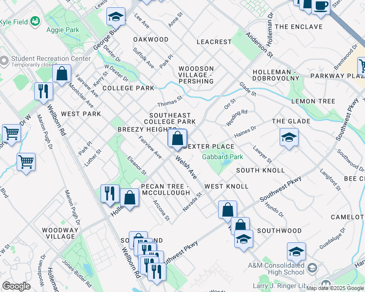 map of restaurants, bars, coffee shops, grocery stores, and more near 628 Holleman Drive in College Station