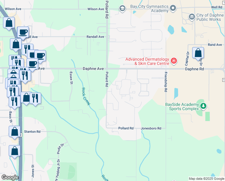map of restaurants, bars, coffee shops, grocery stores, and more near 25808 Pollard Road in Daphne