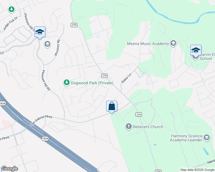 map of restaurants, bars, coffee shops, grocery stores, and more near 1133 County Road 270 in Leander