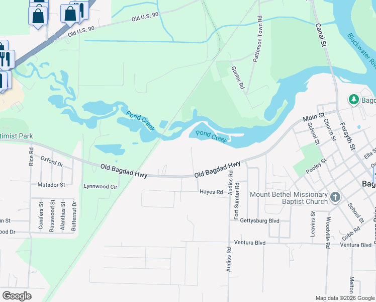 map of restaurants, bars, coffee shops, grocery stores, and more near 6622 Old Bagdad Highway in Milton