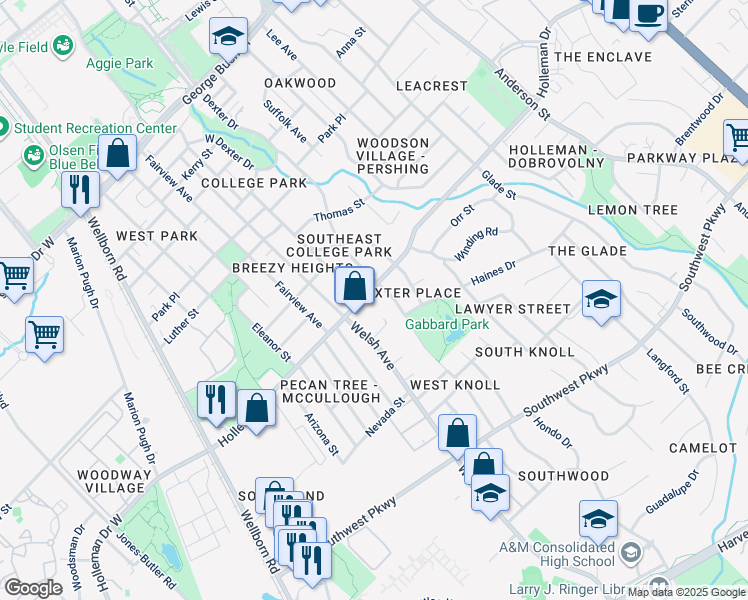 map of restaurants, bars, coffee shops, grocery stores, and more near 628 Holleman Drive in College Station