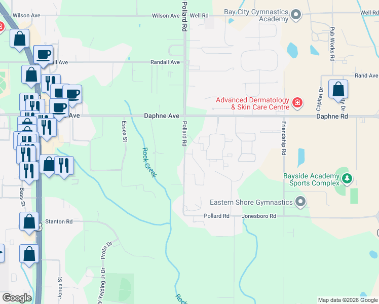 map of restaurants, bars, coffee shops, grocery stores, and more near 25808 Pollard Road in Daphne