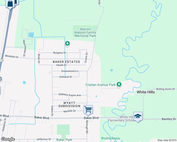 map of restaurants, bars, coffee shops, grocery stores, and more near 2506 Mchugh Road in Baker