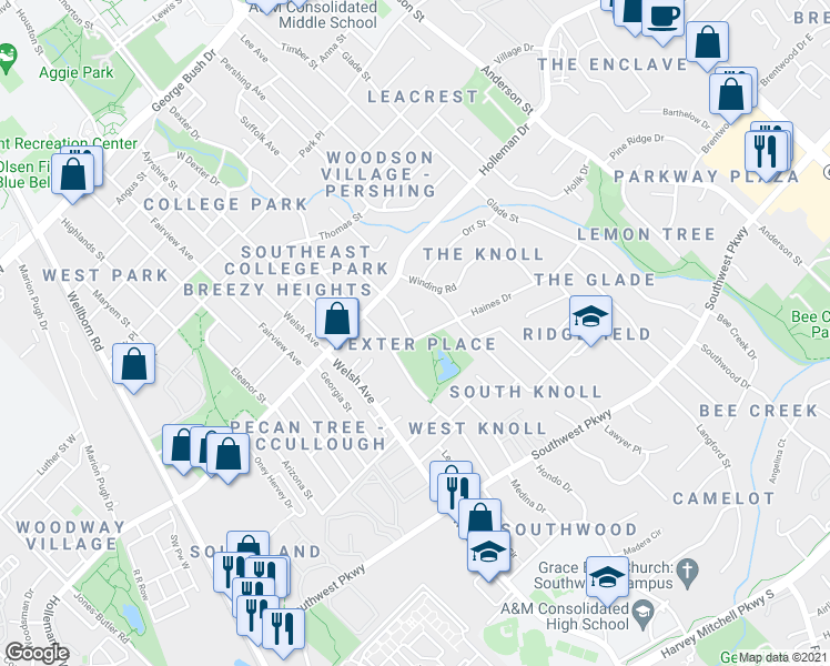 map of restaurants, bars, coffee shops, grocery stores, and more near 1101 Haines Drive in College Station