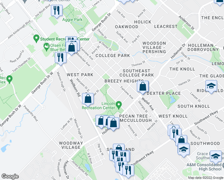 map of restaurants, bars, coffee shops, grocery stores, and more near 905 Montclair Avenue in College Station